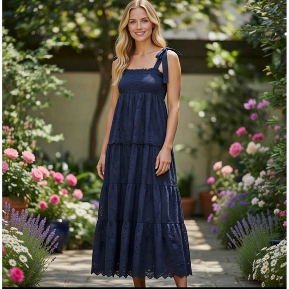 Jason Wu Dresses & Skirts - Jason Wu Tiered Embroidered Eyelet Maxi Dress Women Small Shoulder Bow Ties Navy